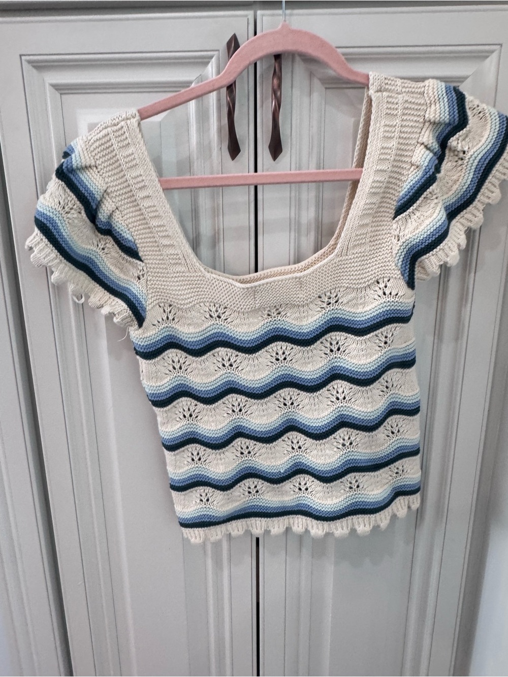 Jessica Simpson Cream Crochet Crop Top with Blue Stripes
